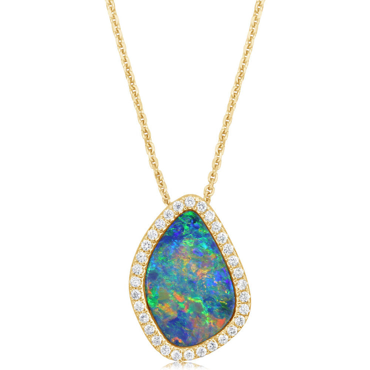 14K Yellow Gold Australian Opal Doublet/Diamond Pendant