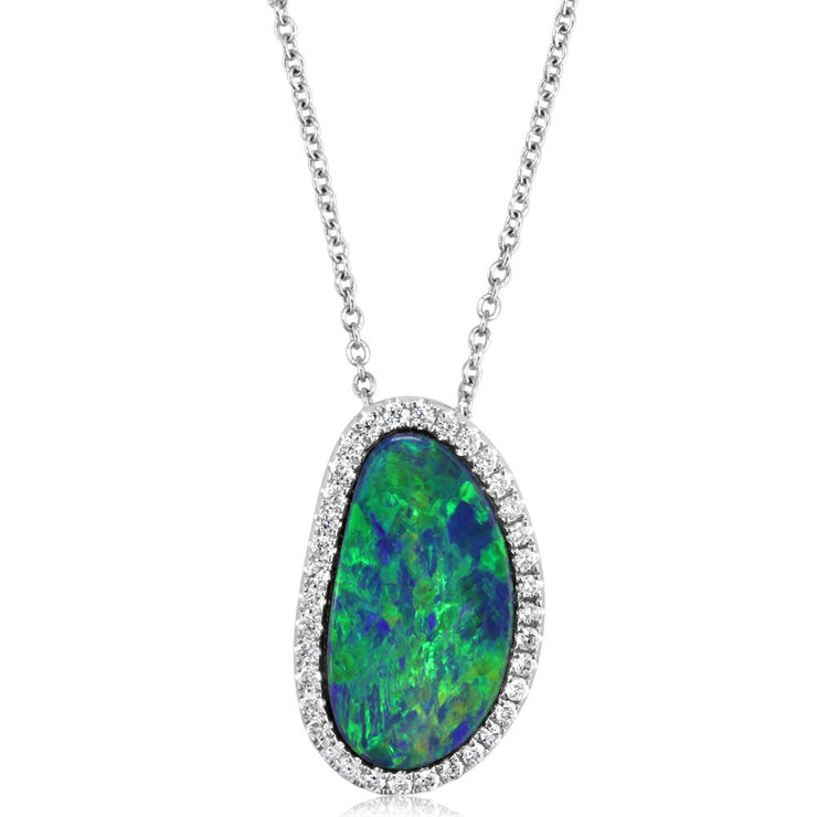 14K White Gold Australian Opal Doublet/Diamond Pendant