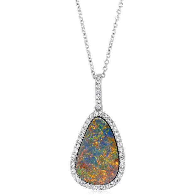 14K White Gold Australian Opal Doublet/Diamond Pendant