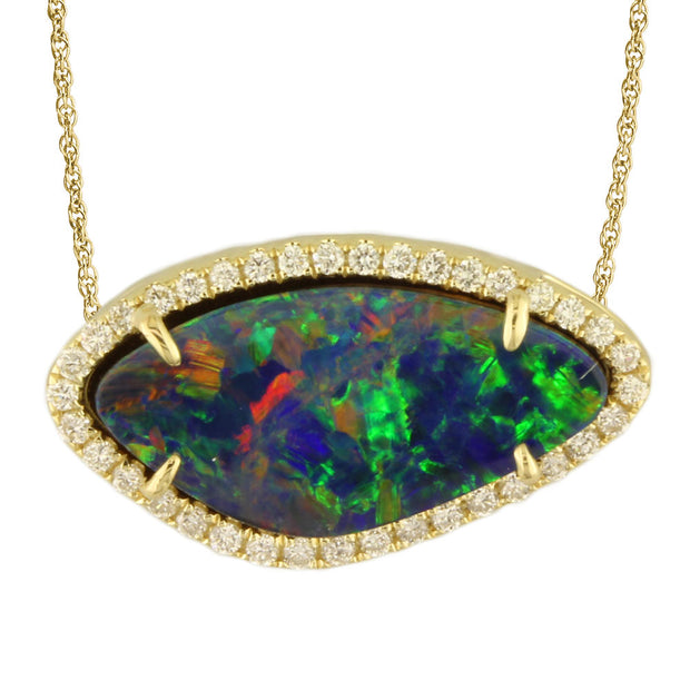 14K Yellow Gold Australian Opal Doublet/Diamond Pendant