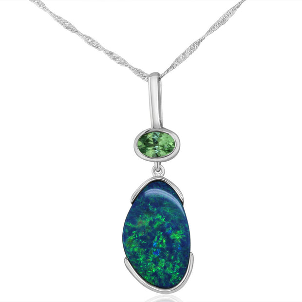 14K White Gold Australian Opal Doublet/Mint Garnet Pendant