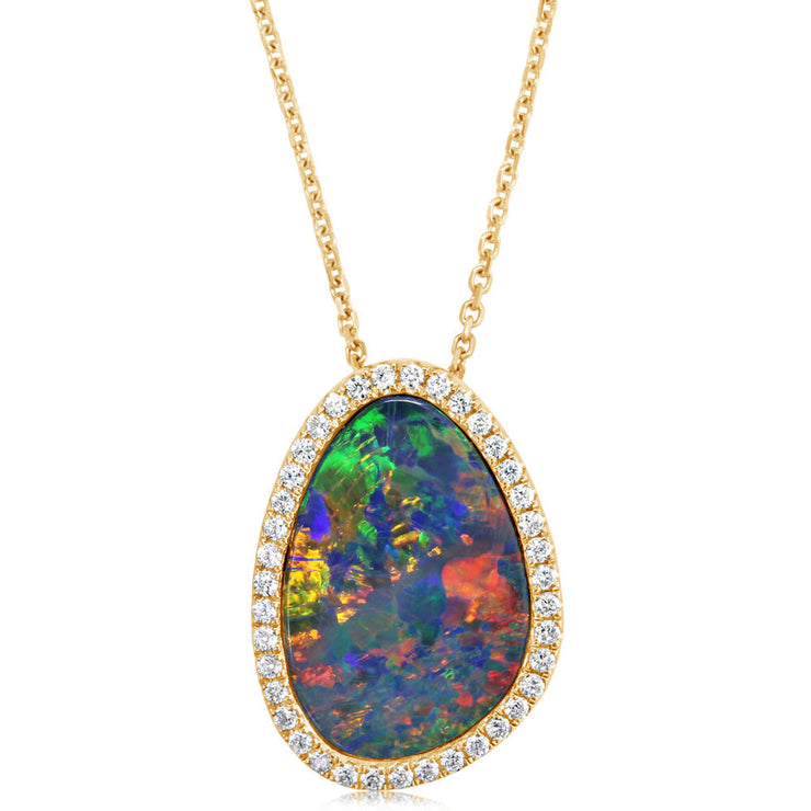 14K Yellow Gold Australian Opal Doublet/Diamond Pendant