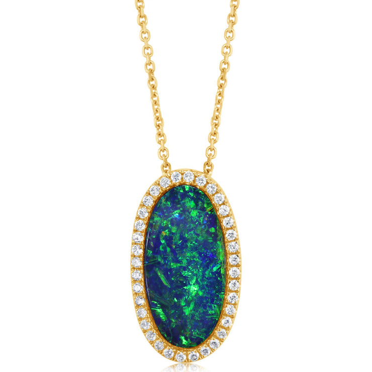 14K Yellow Gold Australian Opal Doublet/Diamond Pendant