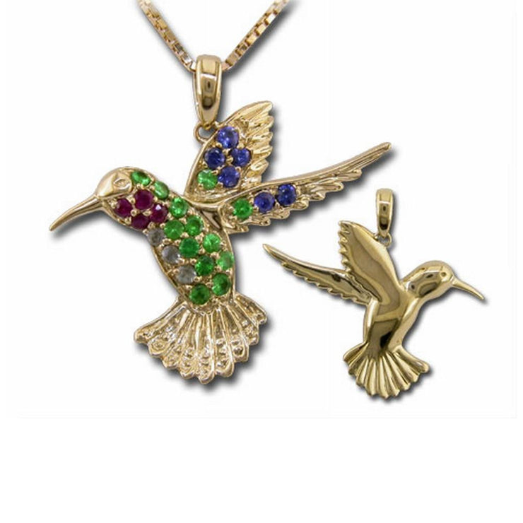 14K Yellow Gold Ruby/Tsavorite/Blue & White Sapphire Hummingbird Reversible Pendant (22x25.5) ,H