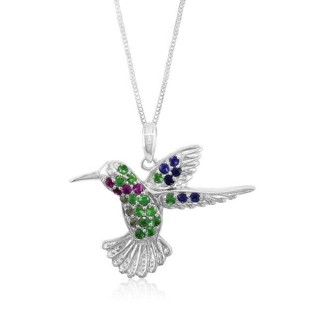 14K White Gold Ruby/Tsavorite/Blue & White Sapphire Reversible Hummingbird Pendant (22x25.5)