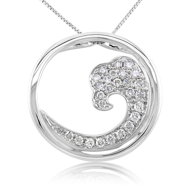 14K White Gold White Diamond Nature Wave 20mm Pendant