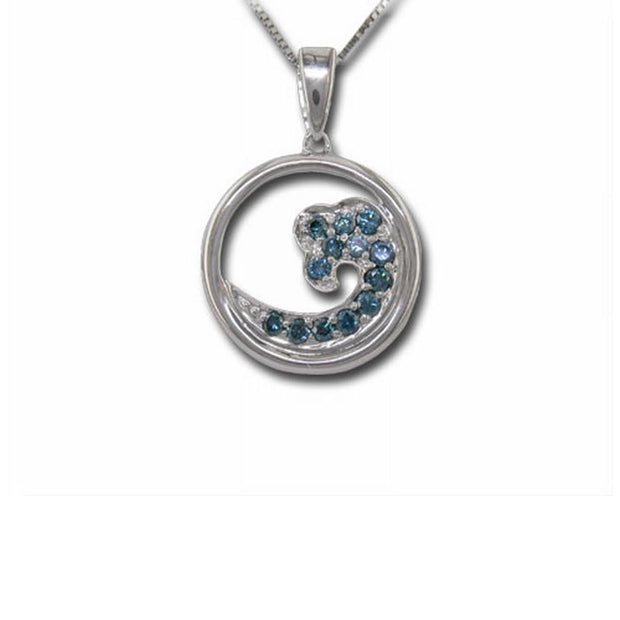 14K White Gold Nature Blue Diamond Wave 15mm Pendant