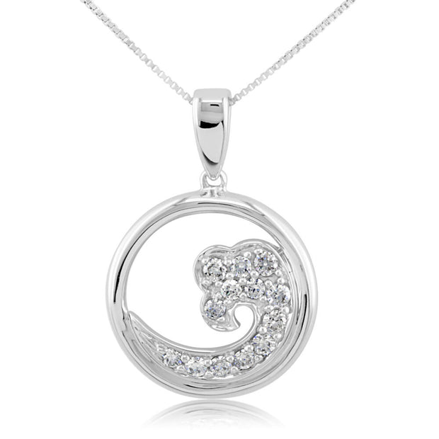 14K White Gold White Diamond Wave 15mm Pendant