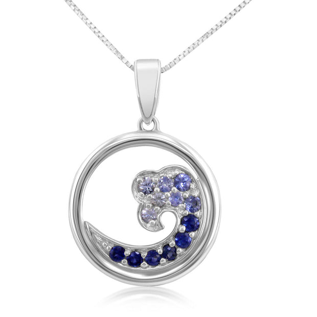 14K White Gold Nature Graduated Blue Sapphire Wave 15mm Pendant