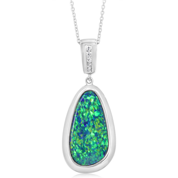 14K White Gold Australian Opal Doublet/Diamond Pendant