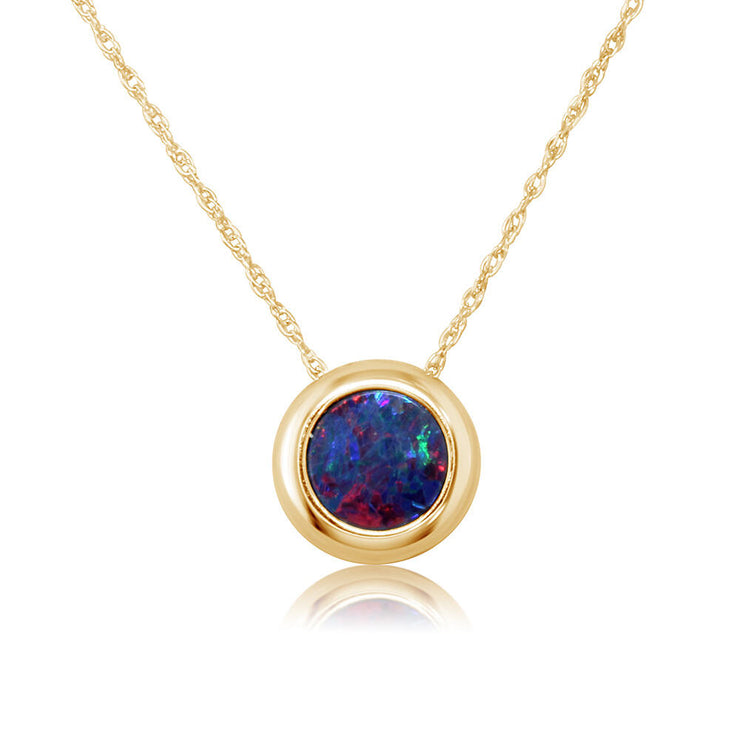 14K Yellow Gold 6mm Round Australian Opal Doublet Pendant with Chain