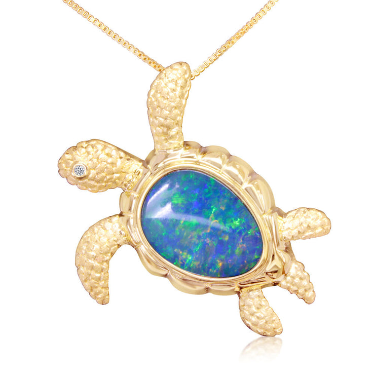 14K Yellow Gold Australian Opal Doublet/Diamond Turtle Pendant