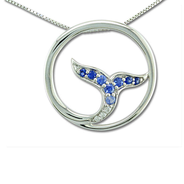 14K White Gold Graduated Blue Sapphire/Diamond Whale Tail Pendant