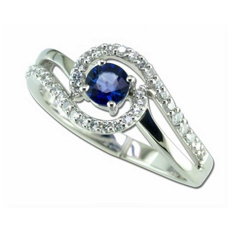 14K White Gold 4mm Round Blue Sapphire/Diamond Ring