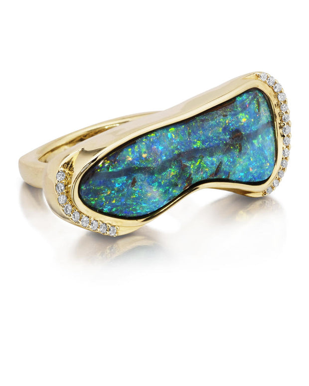 18K Yellow Gold Australian Boulder Opal/Tsavorite/Diamond Ring