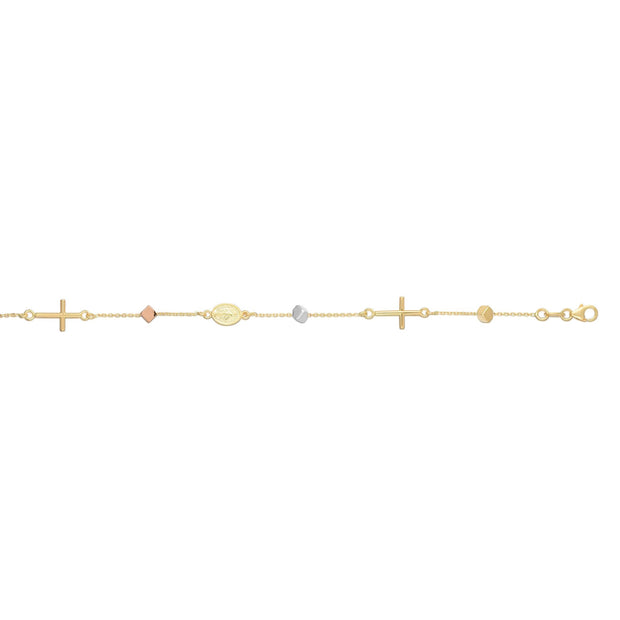 14K Tri-color Gold Polished Cube & Cross Bracelet