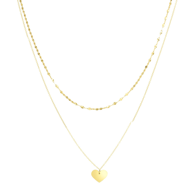 14K Gold Polished Heart & Mirror Chain Multi-Strand Necklace