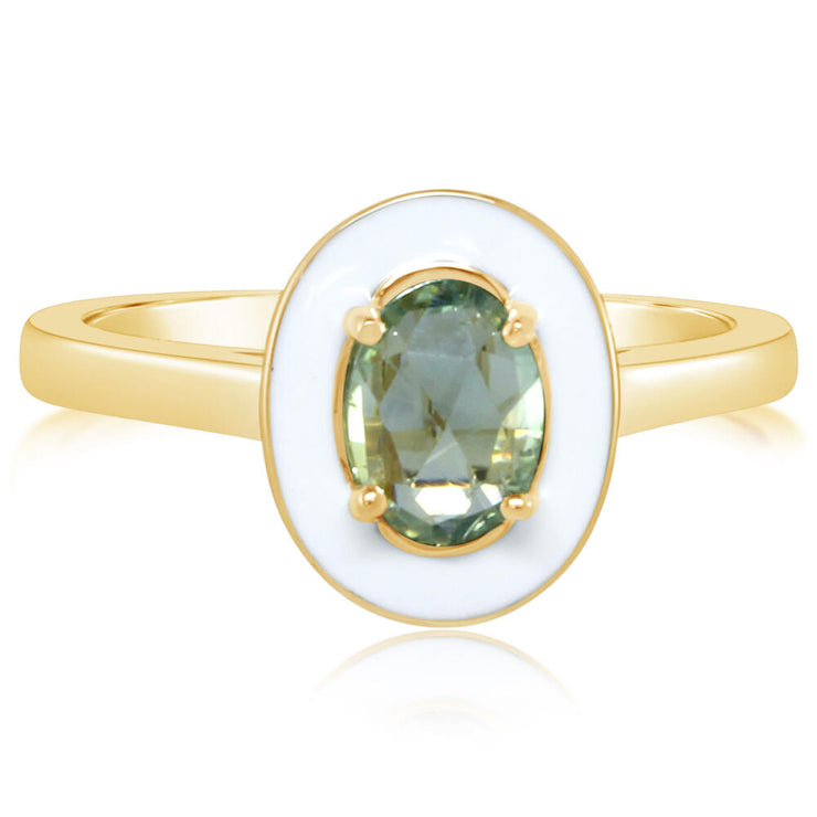 14K Yellow Gold Montana Sapphire Ring with White Enamel