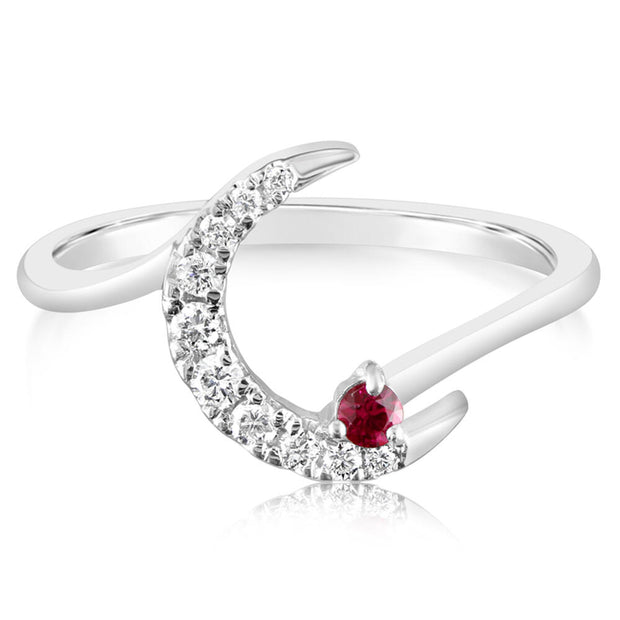 14K White Gold Ruby/Diamond Moon Ring