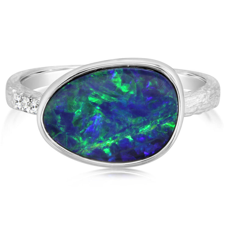 14K White Gold Australian Opal Doublet/Diamond Ring