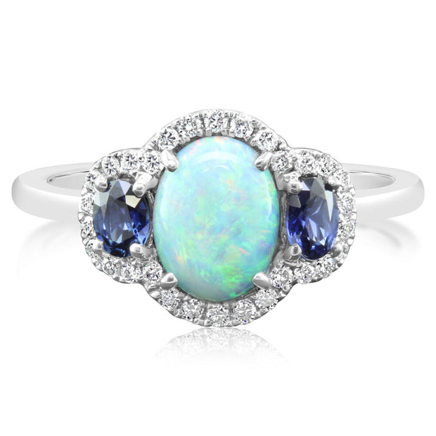 14K White Gold Australian Opal/Blue Sapphire/Diamond Ring