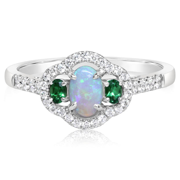 14K White Gold Australian Opal/Tsavorite/Diamond Ring