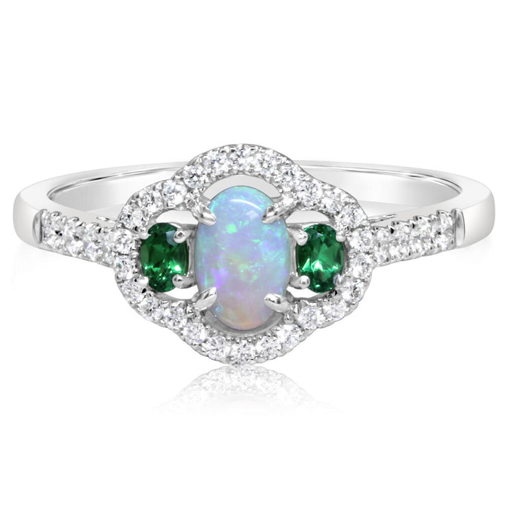 14K White Gold Australian Opal/Tsavorite/Diamond Ring