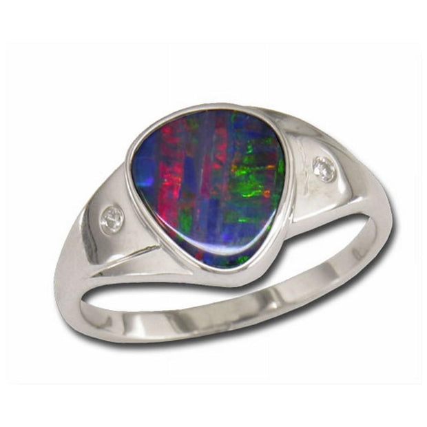 14K White Gold Australian Opal Doublet/Diamond Ring