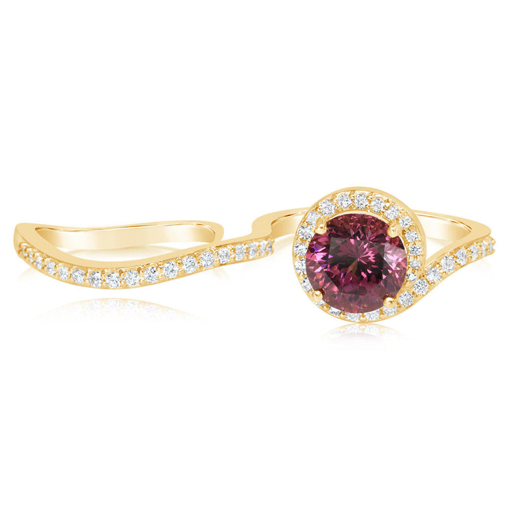 14K Yellow Gold Purple Garnet/Diamond Two Finger Ring