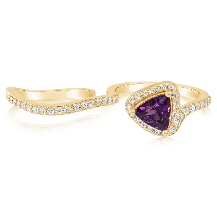 14K Yellow Gold Purple Garnet/Diamond Two Finger Ring