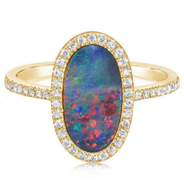 14K Yellow Gold Australian Opal Doublet/Diamond Ring