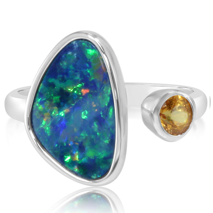 14K White Gold Australian Opal Doublet/Mandarin Garnet Ring