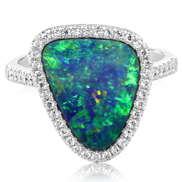 14K White Gold Australian Opal Doublet/Diamond Ring