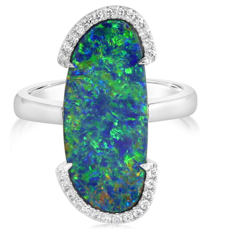 14K White Gold Australian Opal Doublet/Diamond Ring