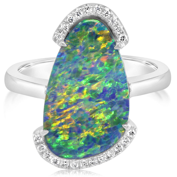 14K White Gold Australian Opal Doublet/Diamond Ring