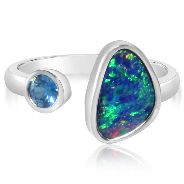 14K White Gold Australian Opal Doublet/Blue Zircon Ring ,