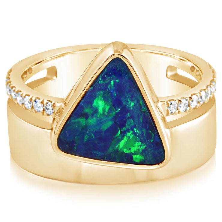 14K Yellow Gold Australian Opal Doublet/Diamond Cigar Band Ring