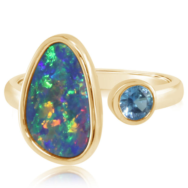 14K Yellow Gold Australian Opal Doublet/Blue Zircon Ring ,