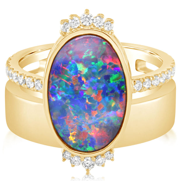 14K Yellow Gold Australian Opal Doublet/Diamond Cigar Band Ring