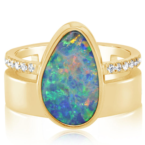 14K Yellow Gold Australian Opal Doublet/Diamond Cigar Band Ring