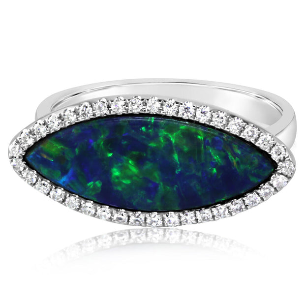 14K White Gold Australian Opal Doublet/Diamond Ring