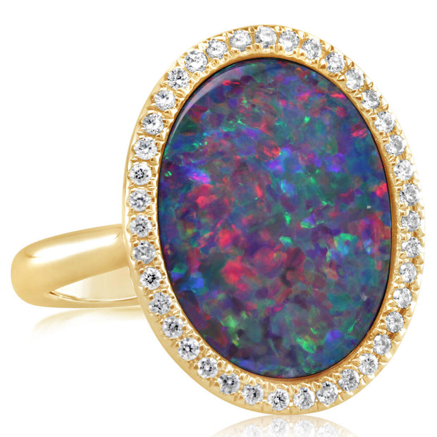 14K Yellow Gold Australian Opal Doublet/Diamond Ring