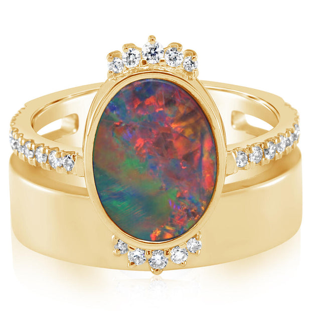 14K Yellow Gold Australian Opal Doublet/Diamond Cigar Band Ring