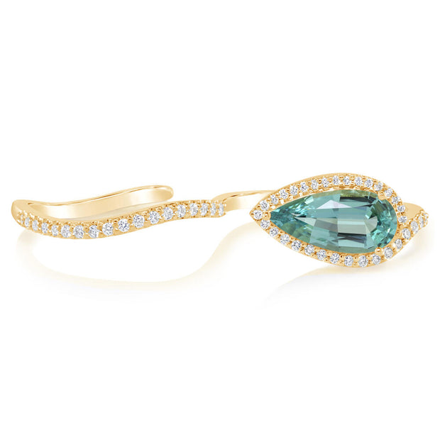 18K Yellow Gold Lagoon Tourmaline/Diamond Two Finger Ring