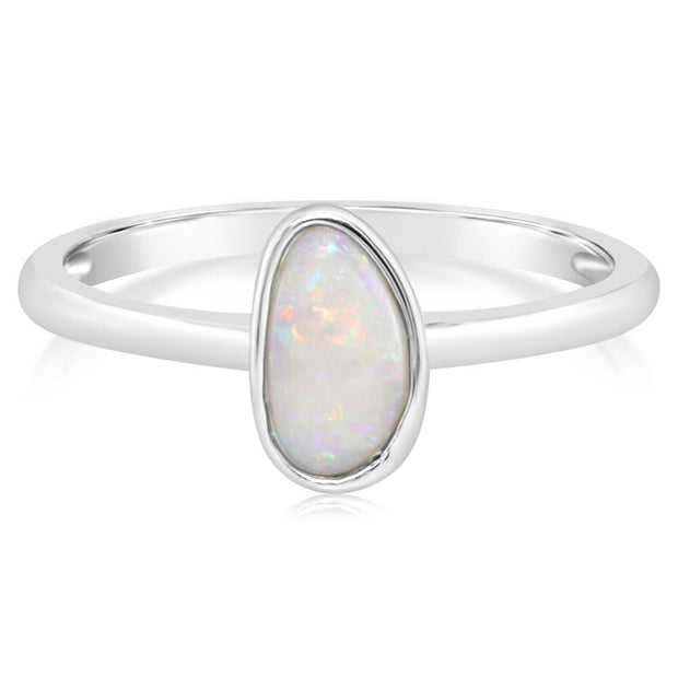 14K White Gold Australian Opal Smooth Shank Ring