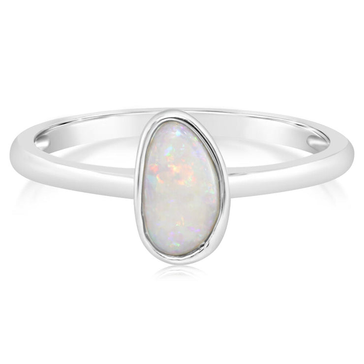 14K White Gold Australian Opal Smooth Shank Ring