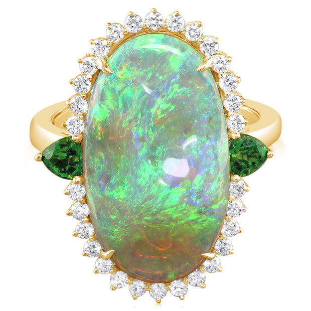 18K Yellow Gold Australian Opal/Tsavorite/Diamond Ring