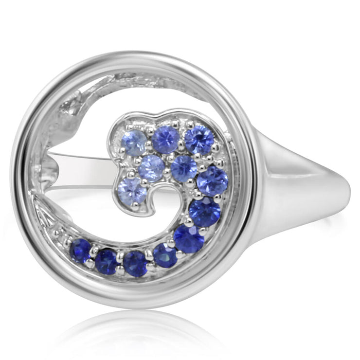 14K White Gold Graduated Blue Sapphire Wave In Circle 15mm Ring