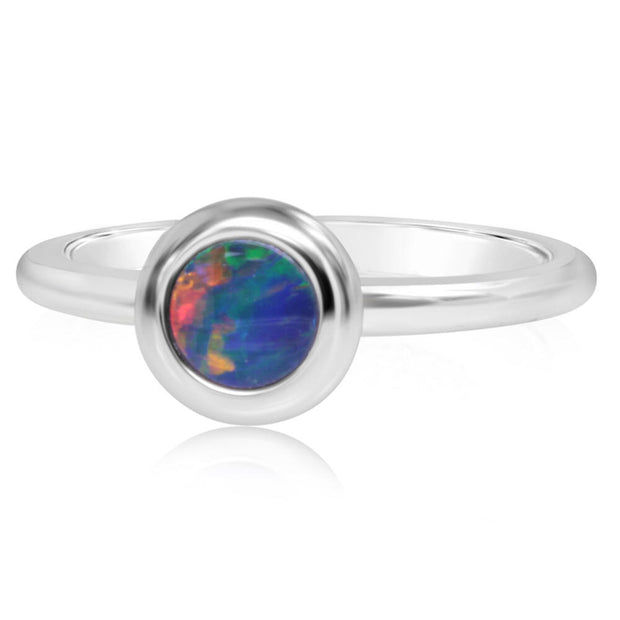 14K White Gold 5mm Round Australian Opal Doublet Ring