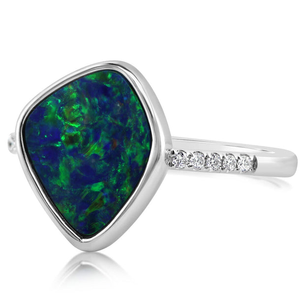 14K White Gold Australian Opal Doublet/Diamond Ring